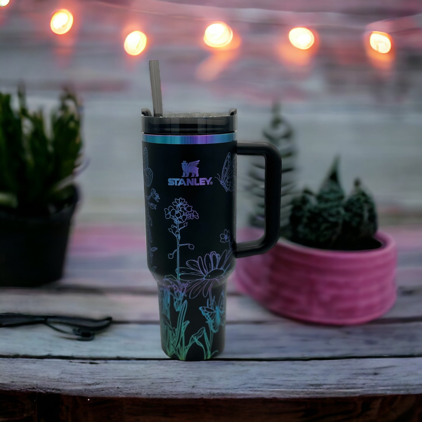 Butterflies and Wildflowers Engraved Black Chroma Stanley 40 0z Tumbler
