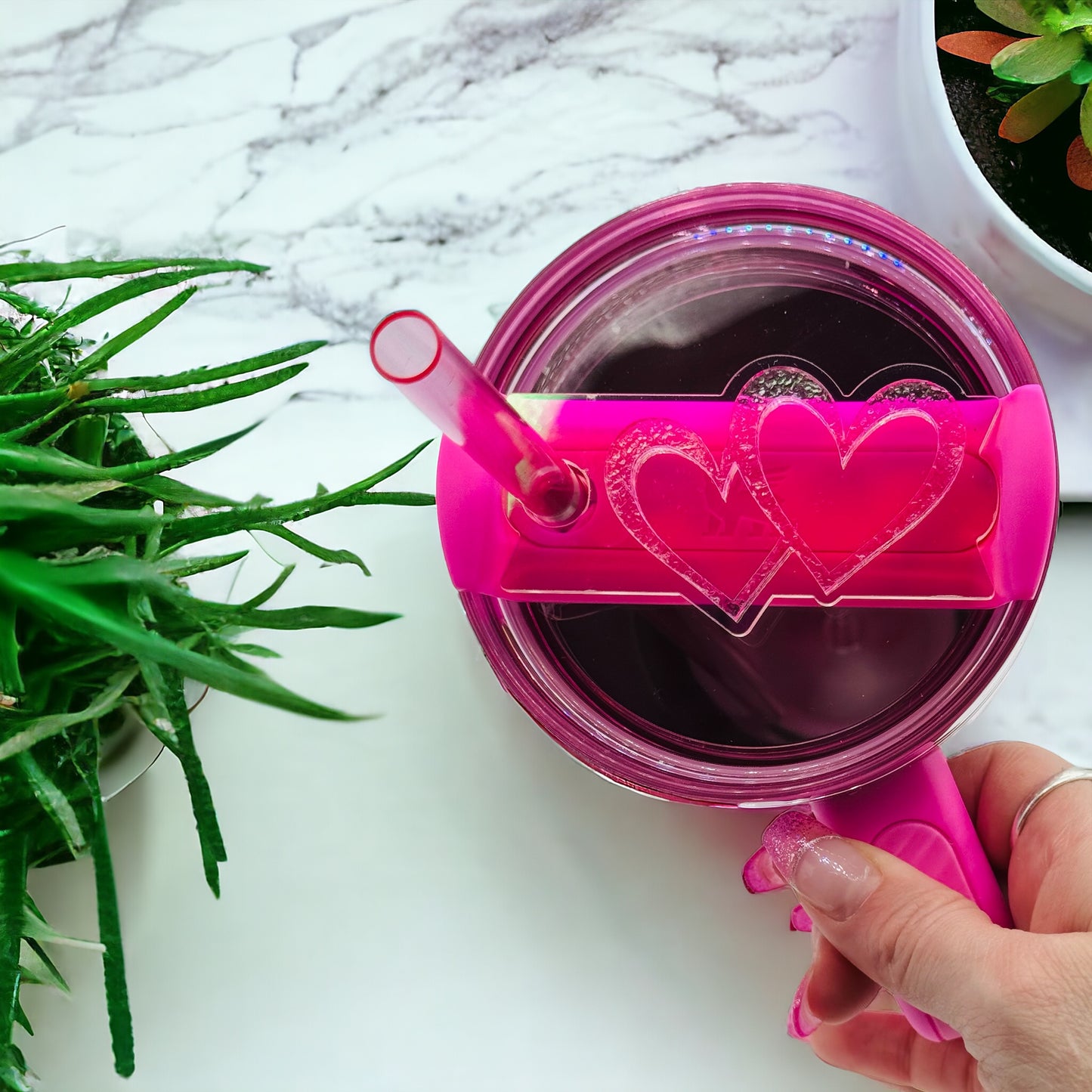 Iridescent Pink Ice Hearts Tumbler Topper Tag