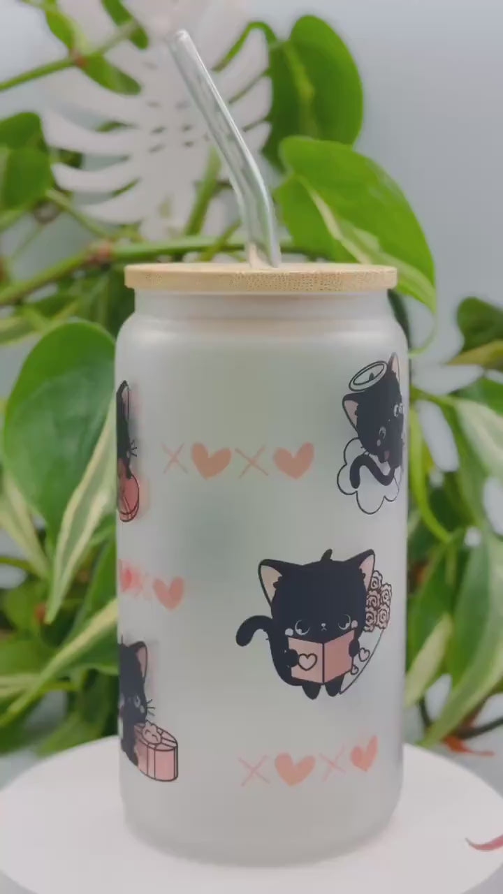 Valentines Day Black Kitty Hearts 16 oz Glass Tumbler with Bamboo Lid