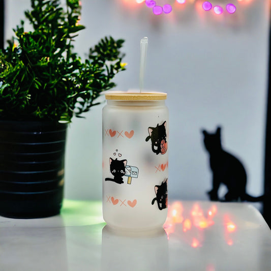 Valentines Day Black Kitty Hearts 16 oz Glass Tumbler with Bamboo Lid